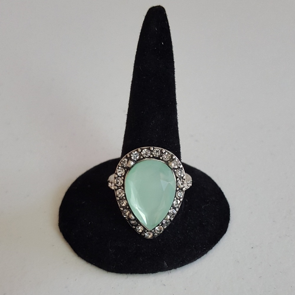 Mint Green Pear Cut Faux Stone Halo Cocktail Ring Silver Tone Statement Size 7
